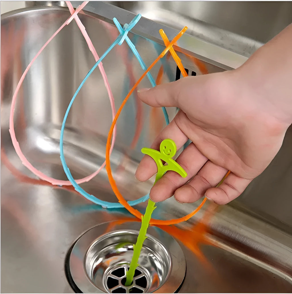 Orange colour kitchen pipe dredging hook made from soft PP, 51 cm long, with a smiling face design