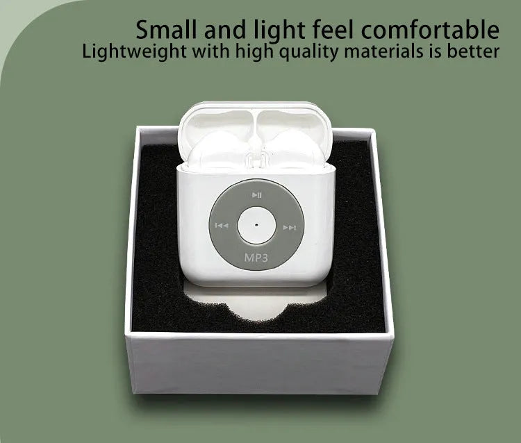White wireless Bluetooth earphones with charging case, semi in-ear design with noise reduction.