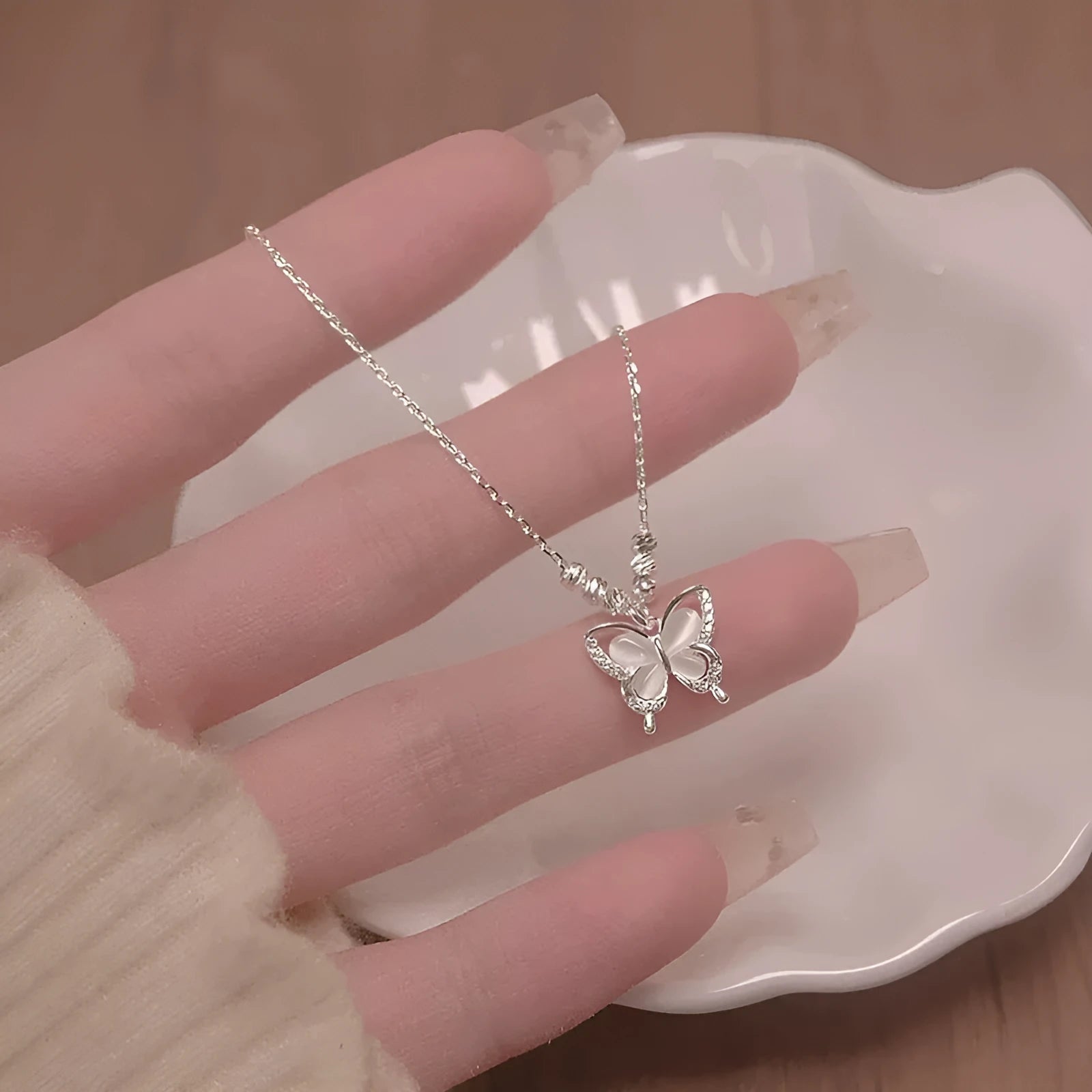 Women's silver butterfly necklace with animal pendant on adjustable 41-50cm cross chain