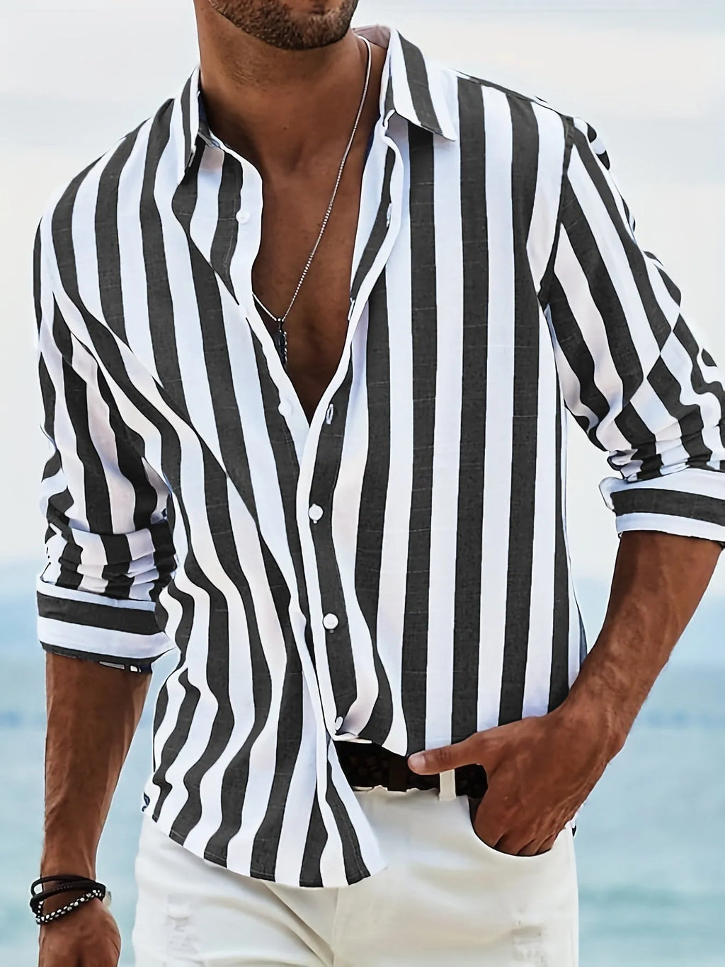 Men's yarn-dyed striped casual shirt in British style cardigan cut with loose fit long sleeves