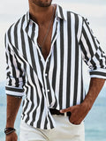 Men's yarn-dyed striped casual shirt in British style cardigan cut with loose fit long sleeves