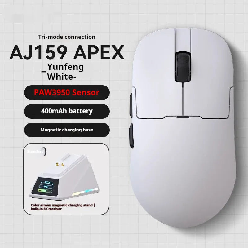 AJ159 gaming mouse in yunfeng white on a desk, showing compact size and Teflon foot pads
