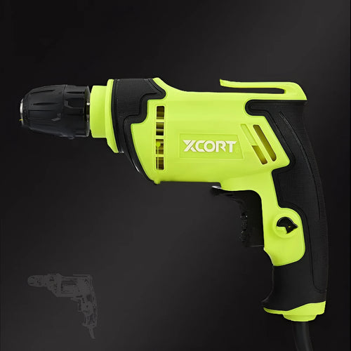 450W black pistol grip electric hand drill with a 10mm keyless chuck on a workbench.