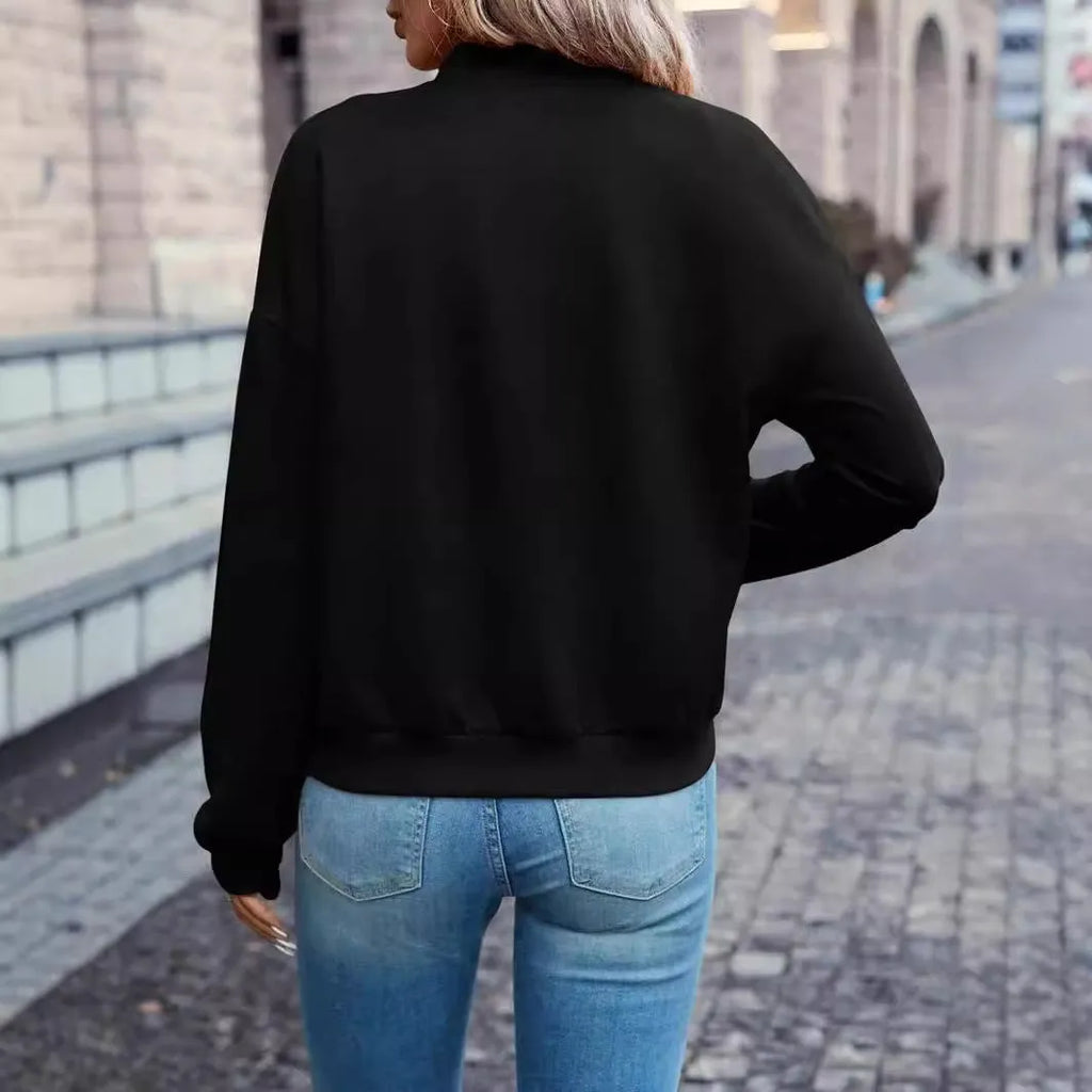 Black women's long sleeve casual zip jacket with faux pockets
