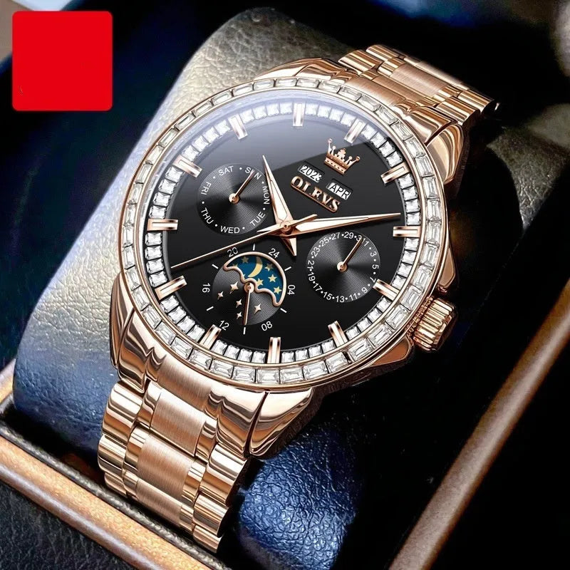 Men's automatic mechanical watch with diamond dial on stainless steel strap
