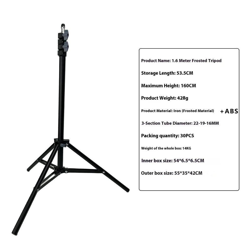 Frosted finish tripod stand with mobile phone holder attached, showing height adjustment mechanism