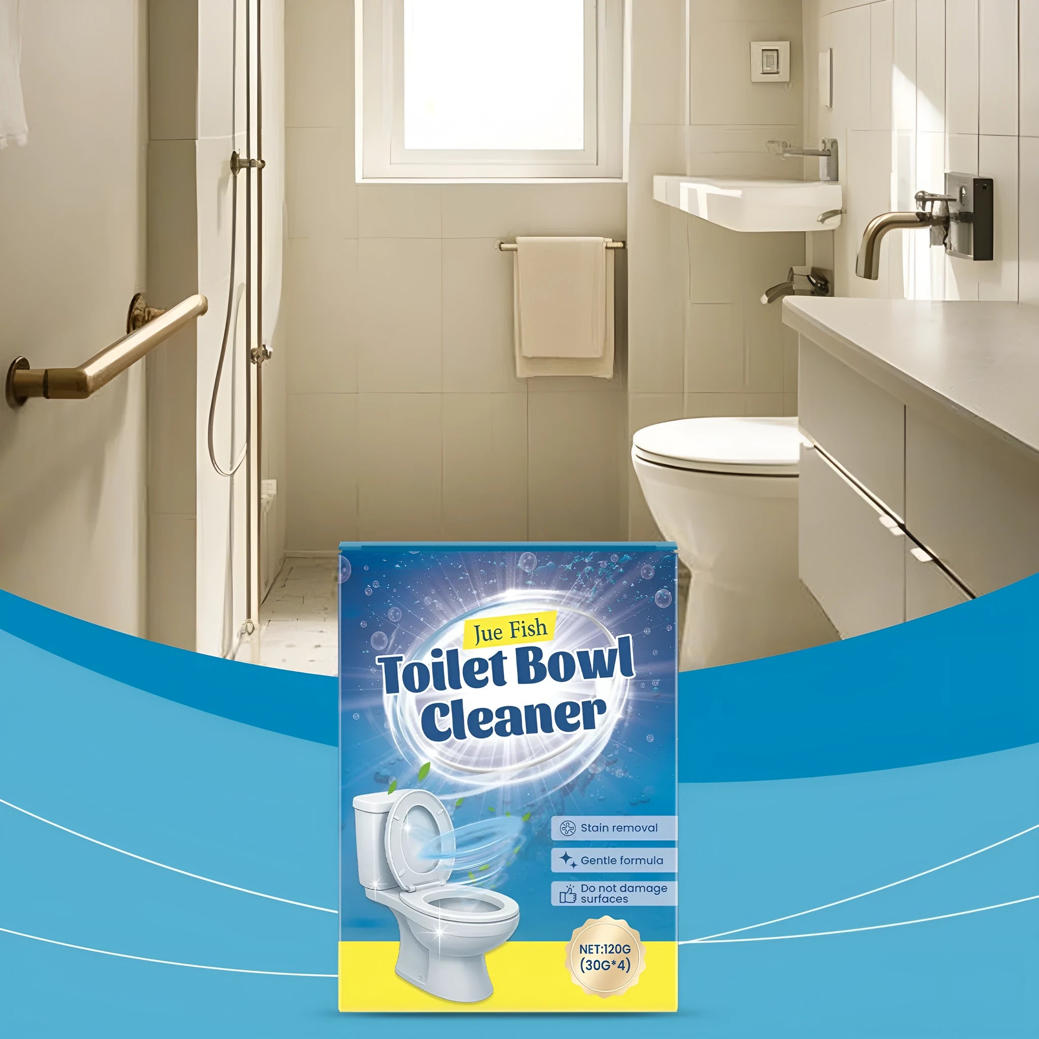Toilet cleaning powder multipack showing four individual 30g sachets, 120g total.