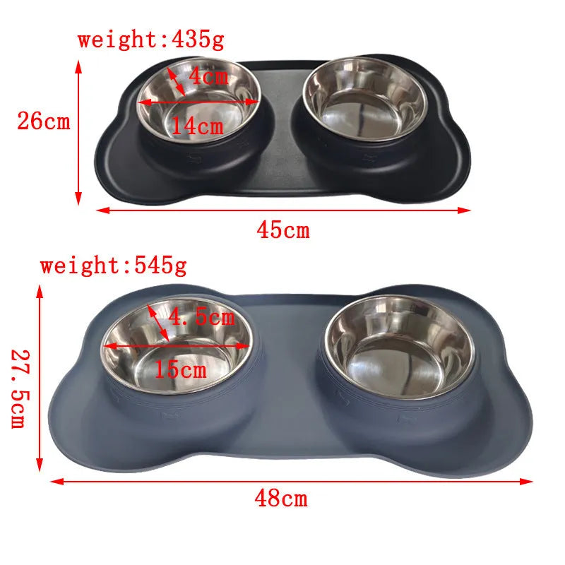 Large double pet bowl with stainless steel inner and silicone outer in black, blue, pink, silver gray or sky blue