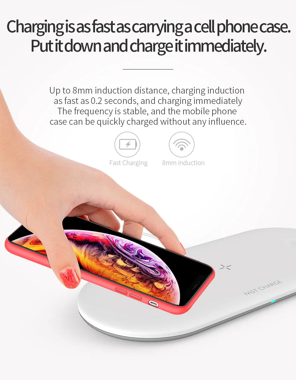 Black 3-in-1 wireless charging station for Apple Watch, phone, and headphones on a desk.