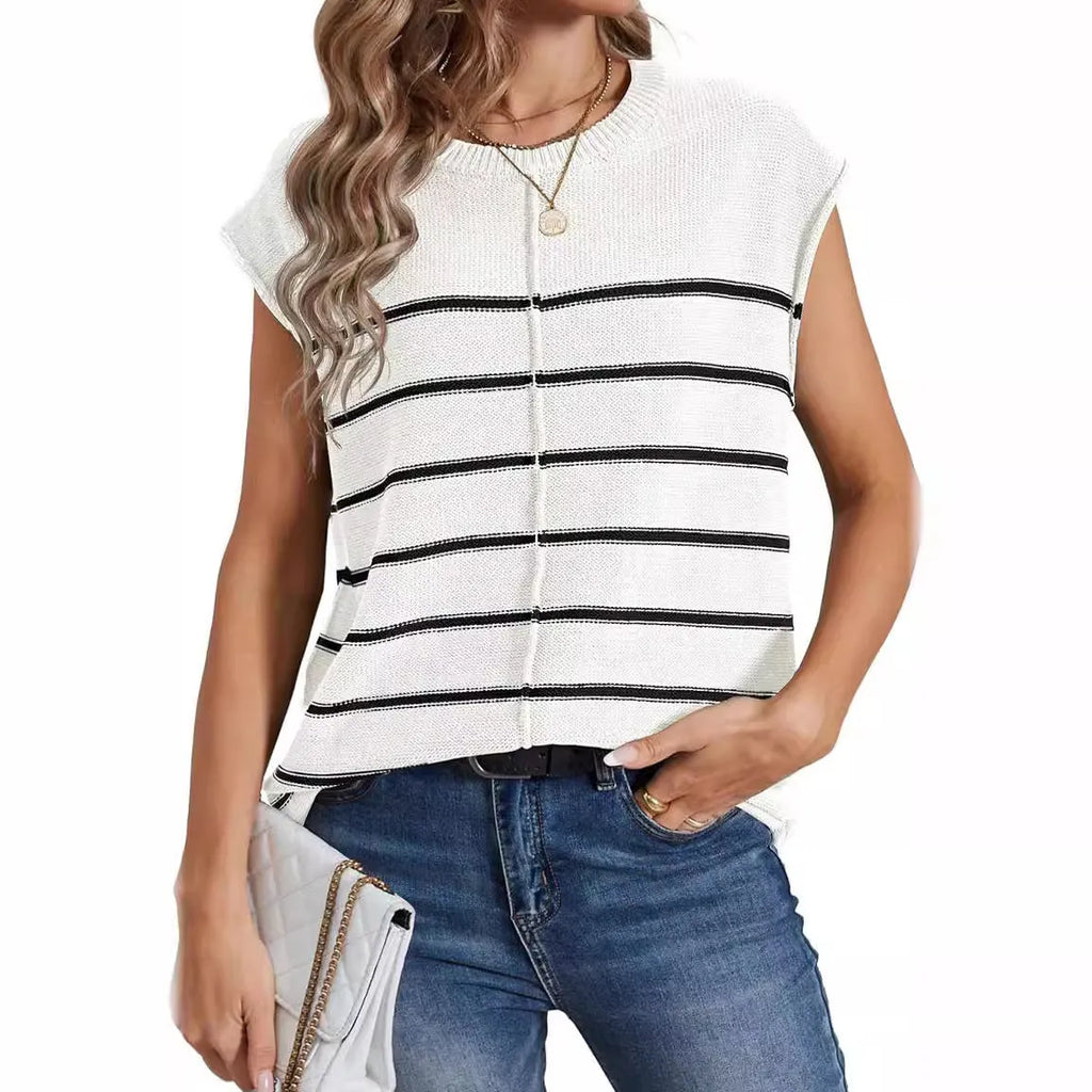 Women's striped sleeveless vest pullover with bone stitch detailing in acrylic knit fabric
