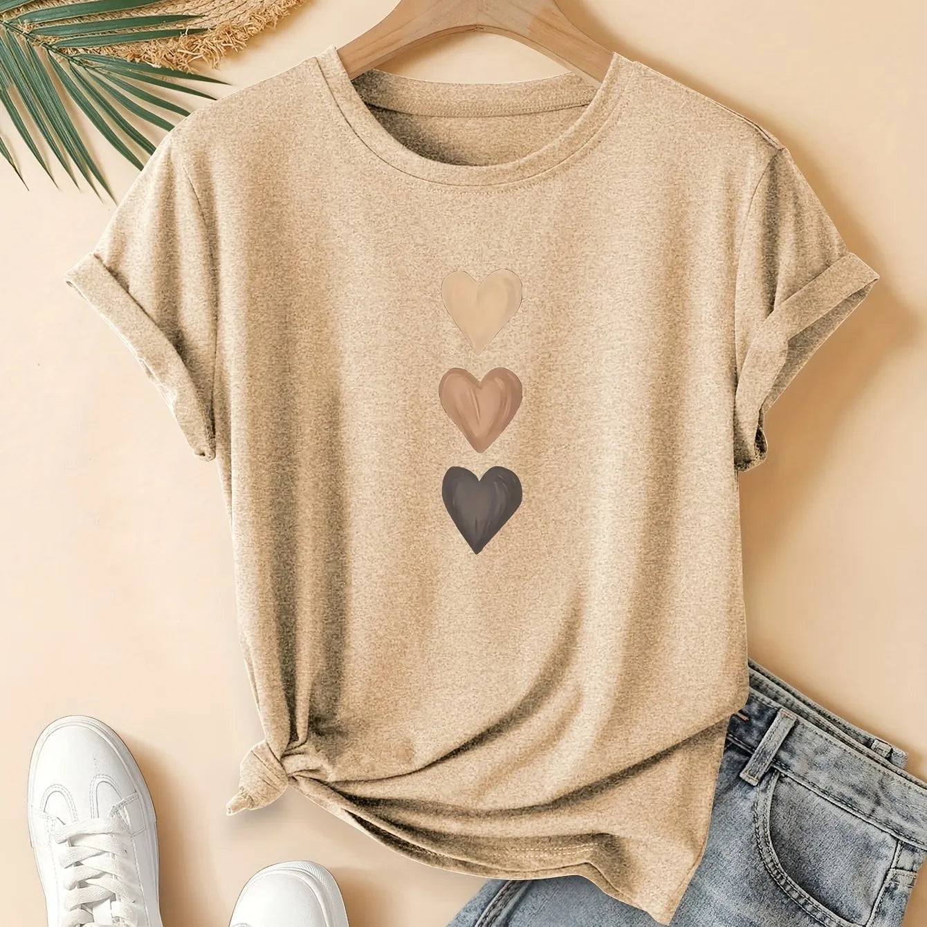 Women's pure cotton short sleeve t-shirt with a printed three-heart pattern in a Chinese retro style, shown in blue.