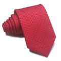 Men's red and black striped polyester jacquard tie with an arrow shape laid flat
