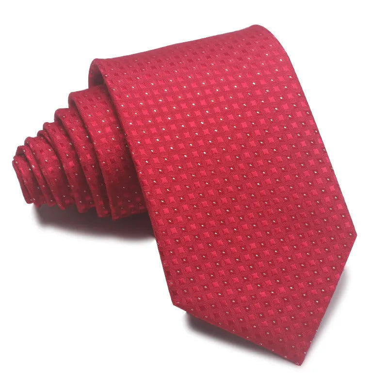 Men's red and black striped polyester jacquard tie with an arrow shape laid flat