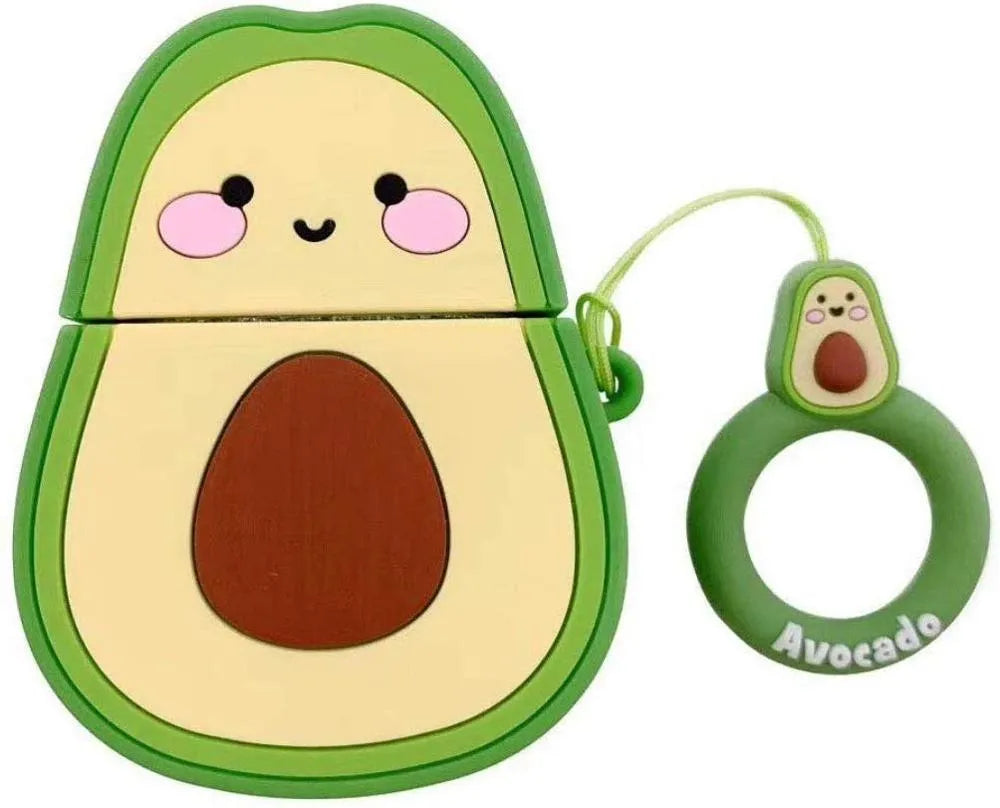 Silicone flip-case for AirPods 2 with cartoon designs including avocado, black cat, stitch, and pokeball.
