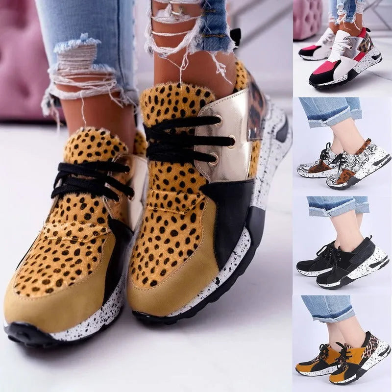 Women's casual flat sneakers with wedge heel in suede upper, available in multiple pattern options
