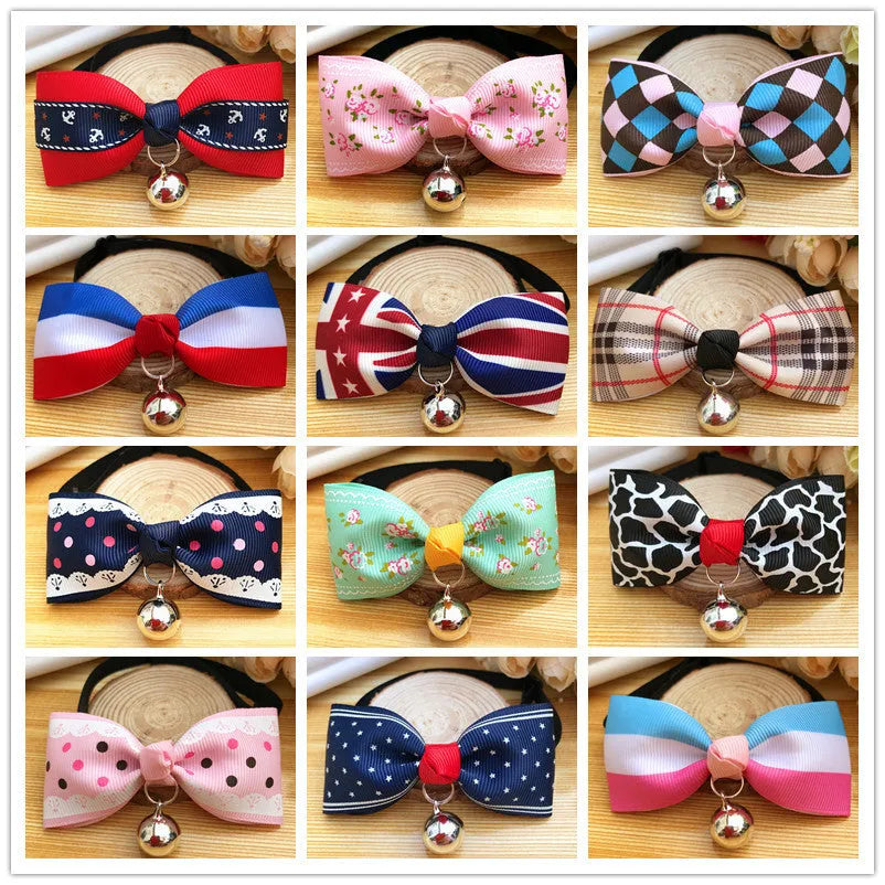 Pet dog bow tie collar with bell in Blue, polyester fabric, adjustable size for small to medium pets