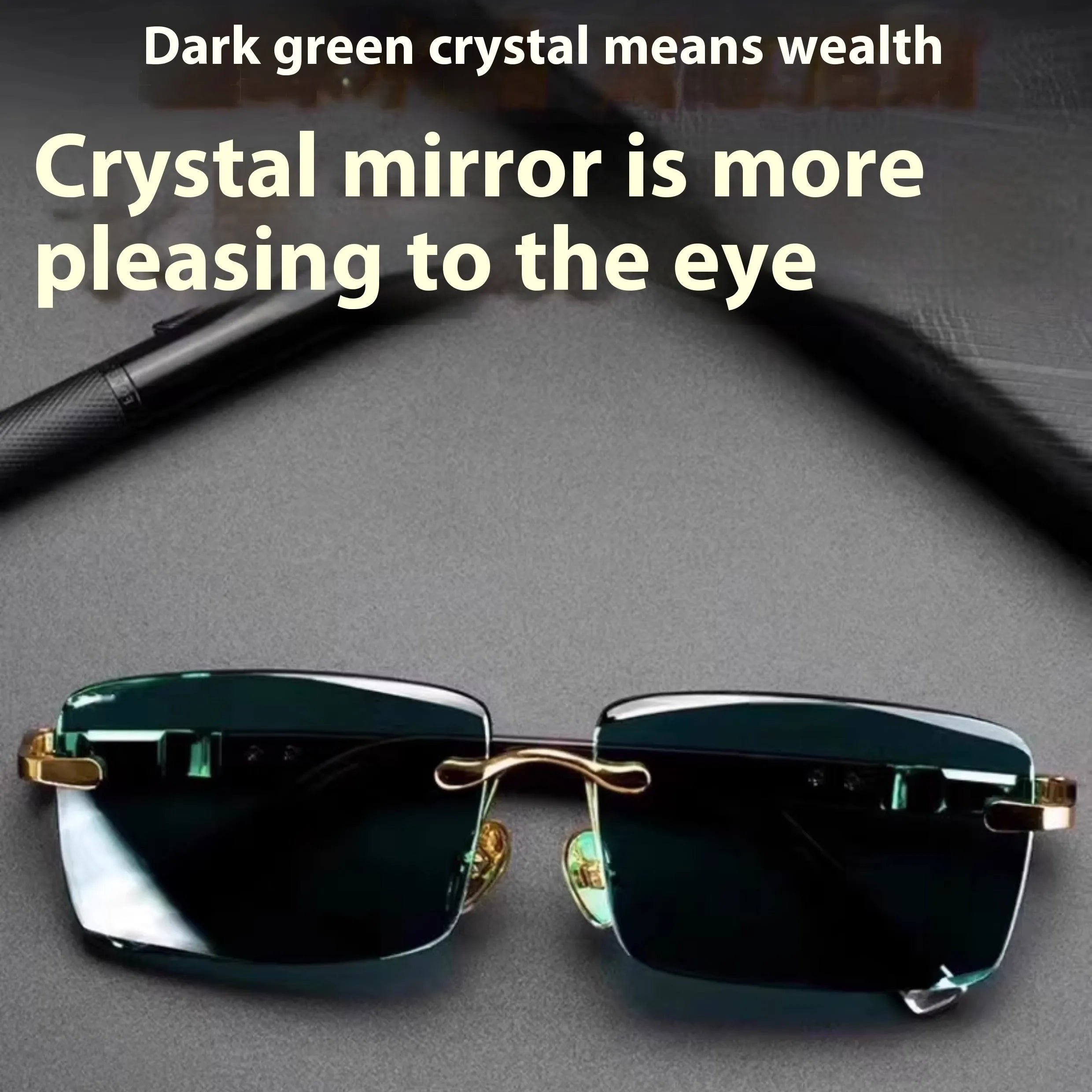 Dark green frameless crystal sunglasses shown with a glasses case and lens cloth.