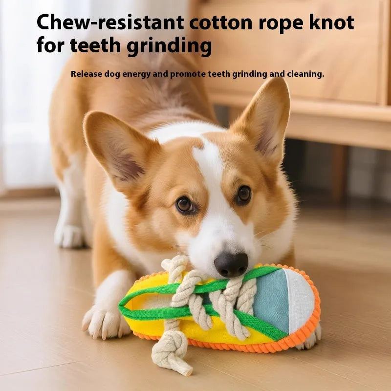 Dog sound slippers toy in plastic with squeaker for chewing relief