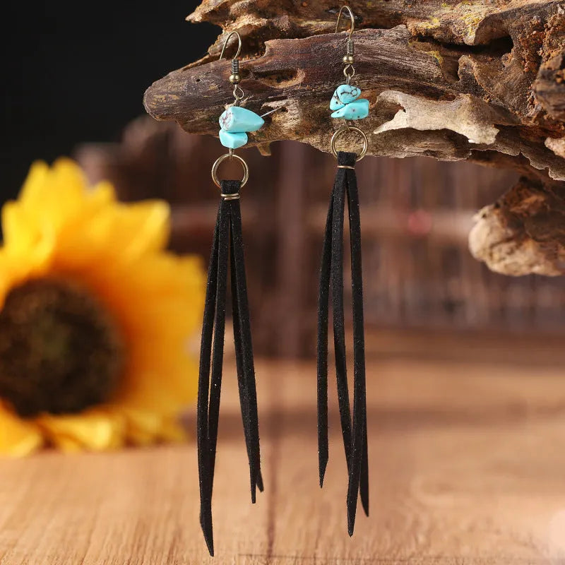 Retro long leather tassel earrings geometric shape women's gift black brown white