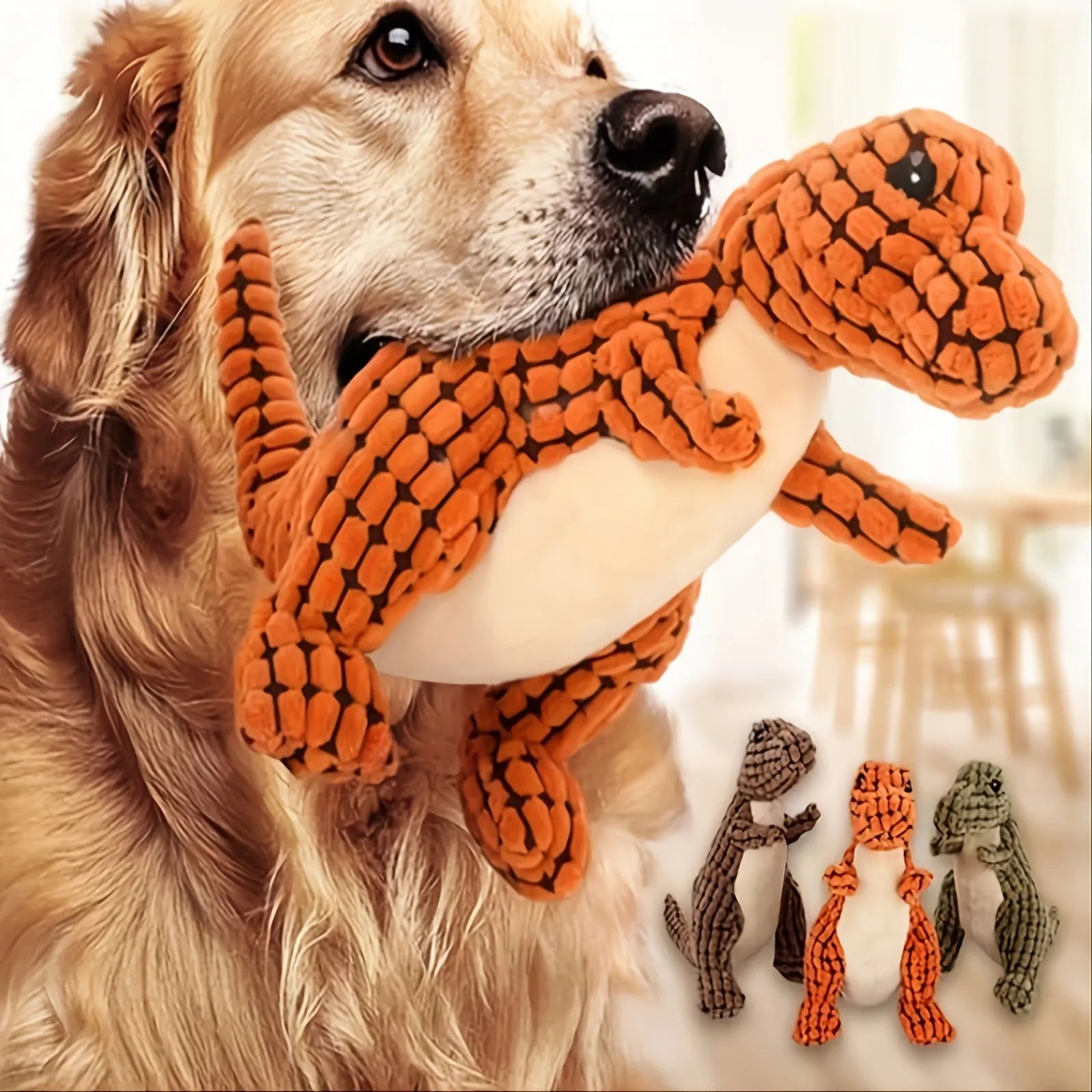 Grey, green, and orange coloured dog chew toy with sound, shown with size scale.