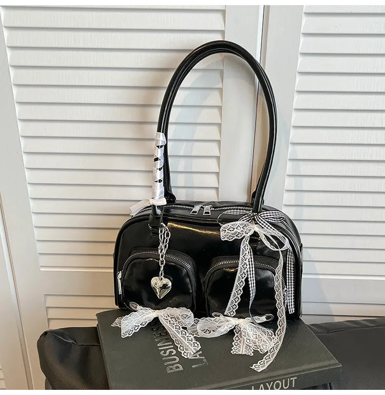 Horizontal square shoulder bag in soft PU with double straps and mobile phone pocket