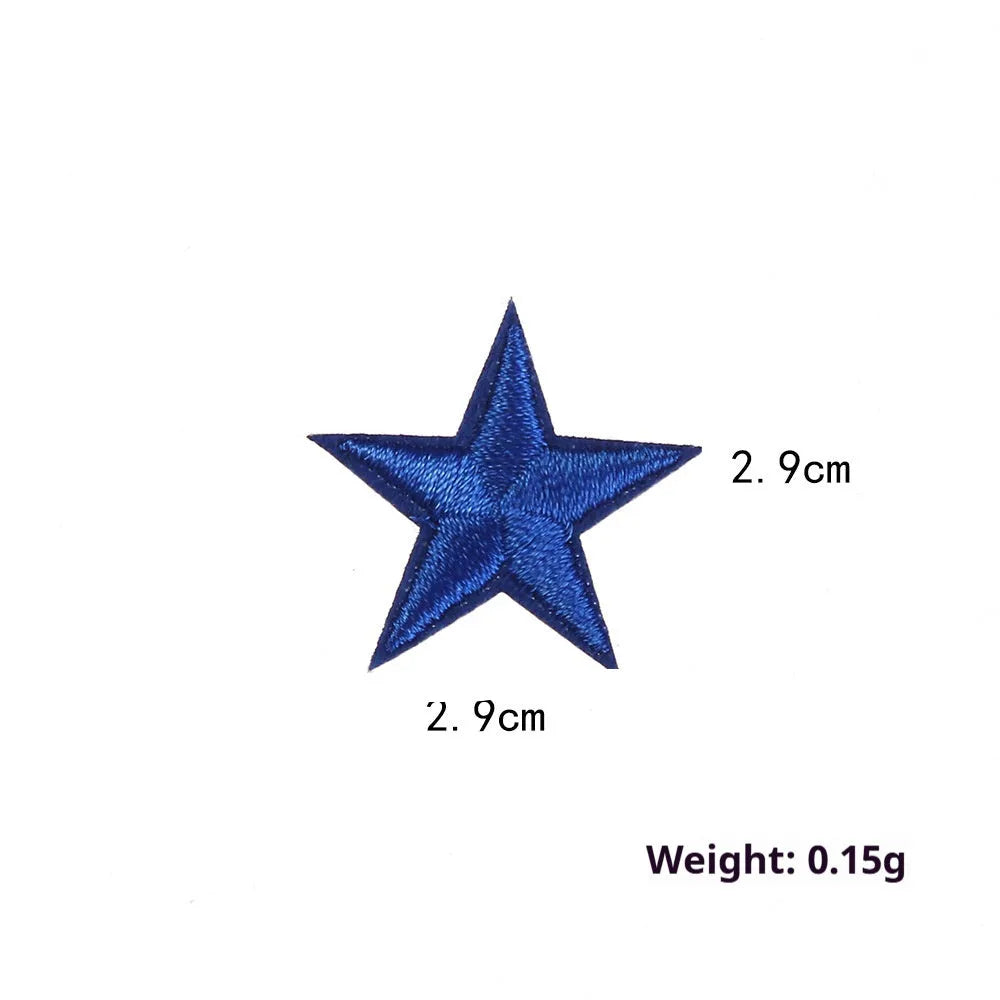 Colourful embroidered five-pointed star designs on cloth sticker labels for DIY clothing customisation.