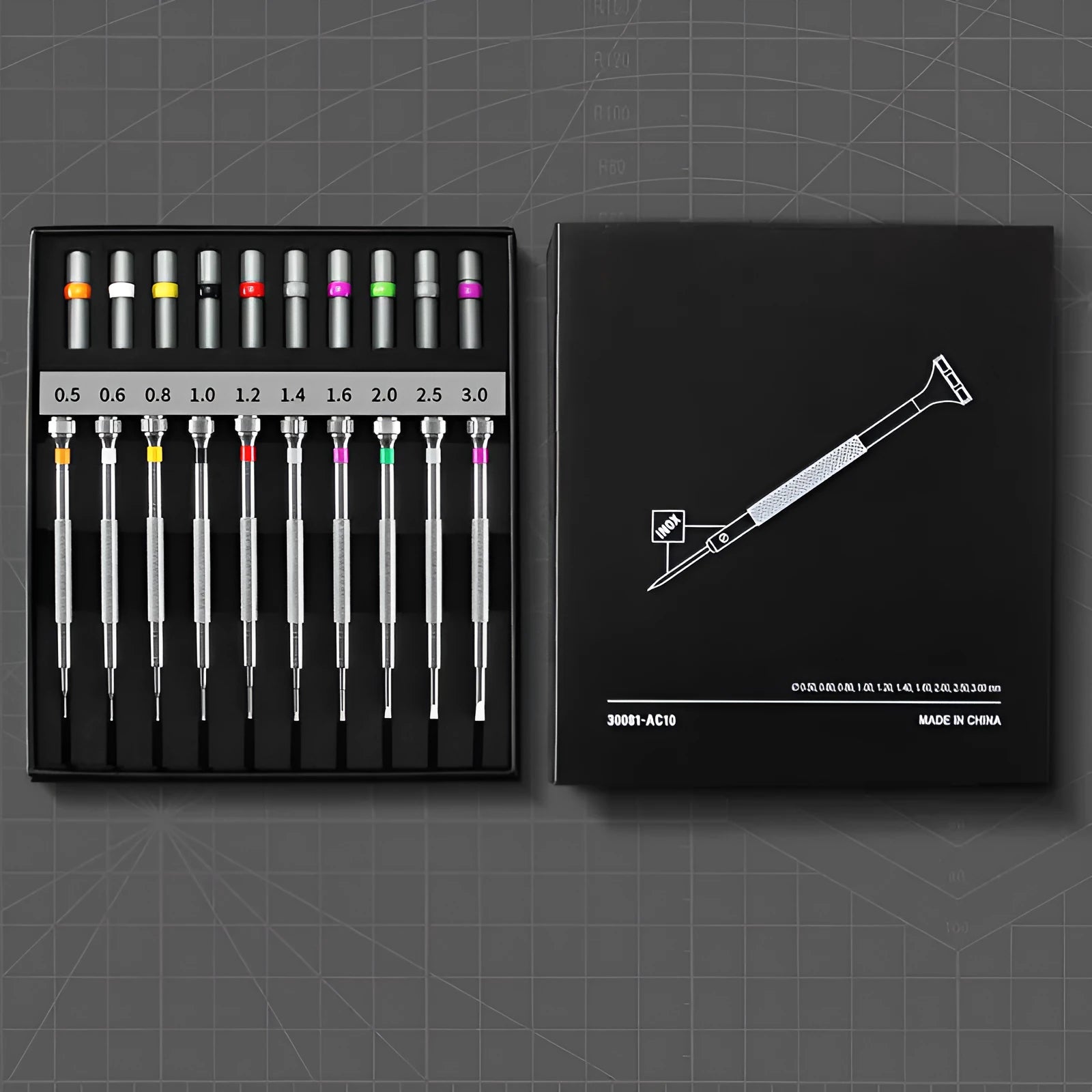 Boxed set of 10 precision screwdrivers and 20 spare bits for glasses and watch repair.