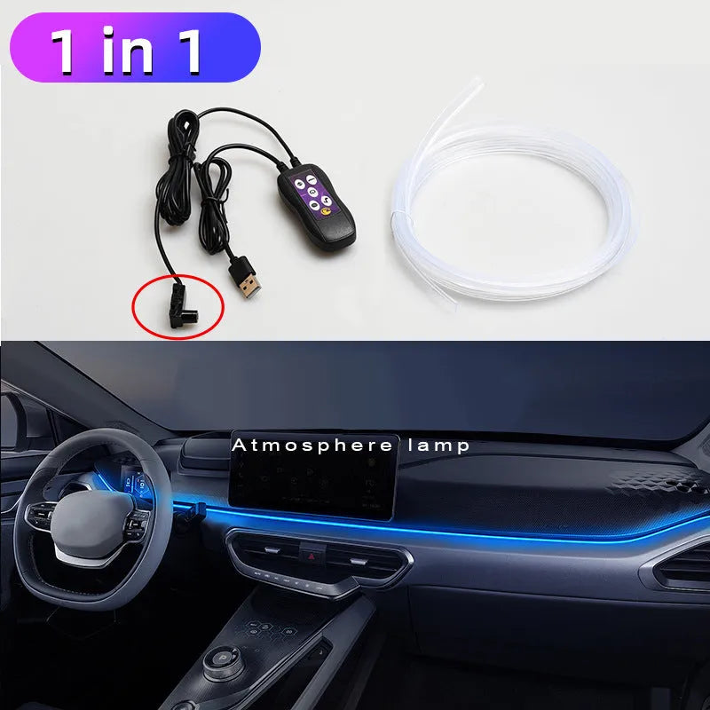 Car interior USB LED atmosphere light with colour-changing function installed along centre console