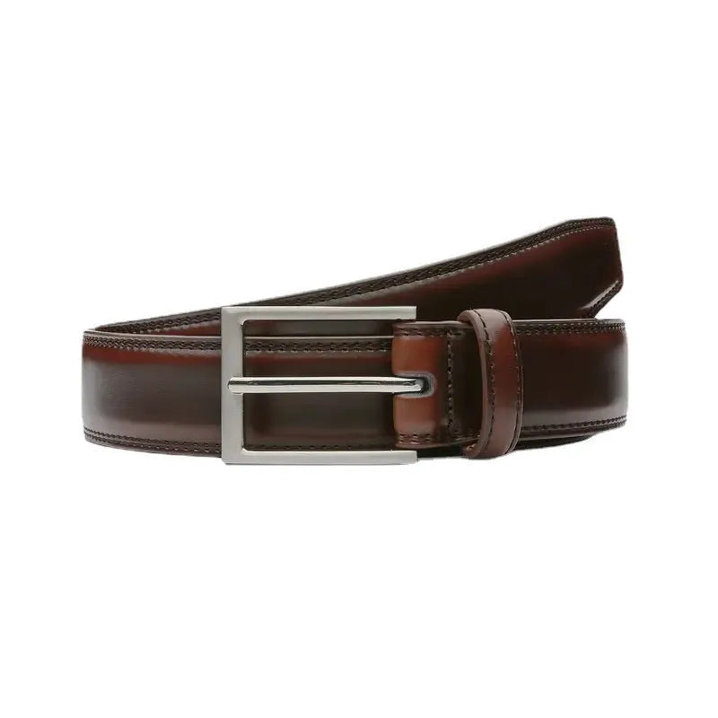 Men's genuine leather casual belt with an alloy buckle in Wild 95 grain brown, showing length options.