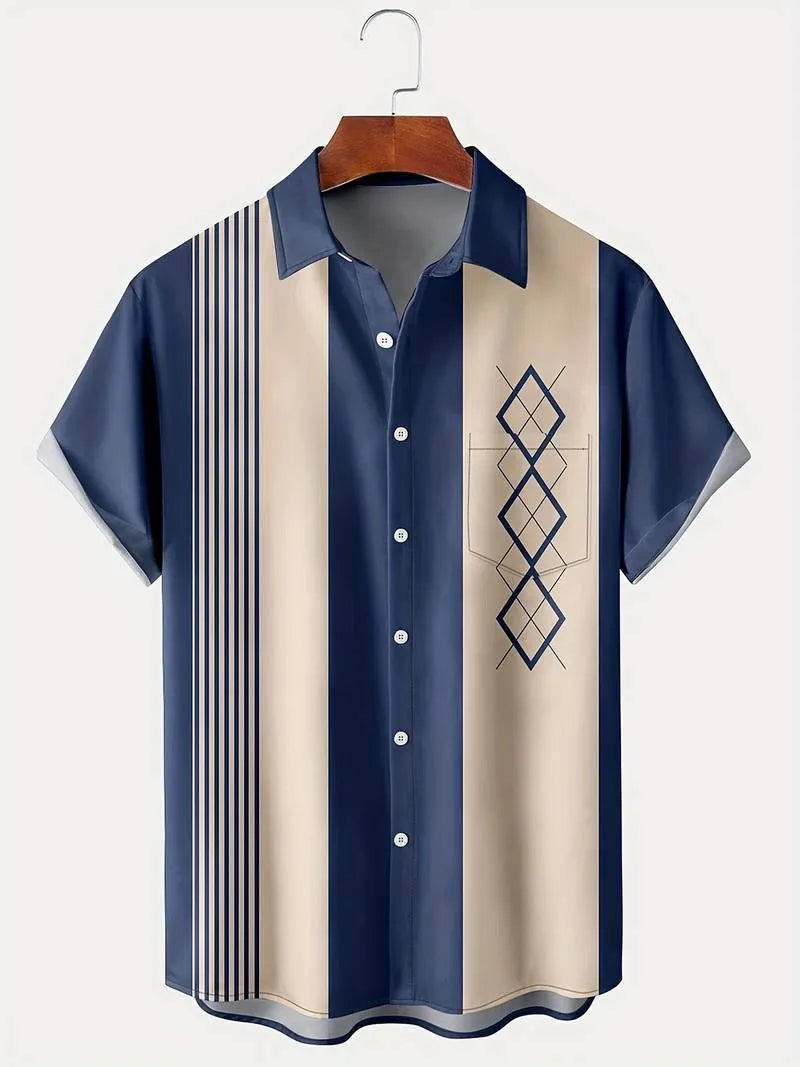 Man wearing plaid loose fit short sleeve shirt with lapel collar in cardigan style