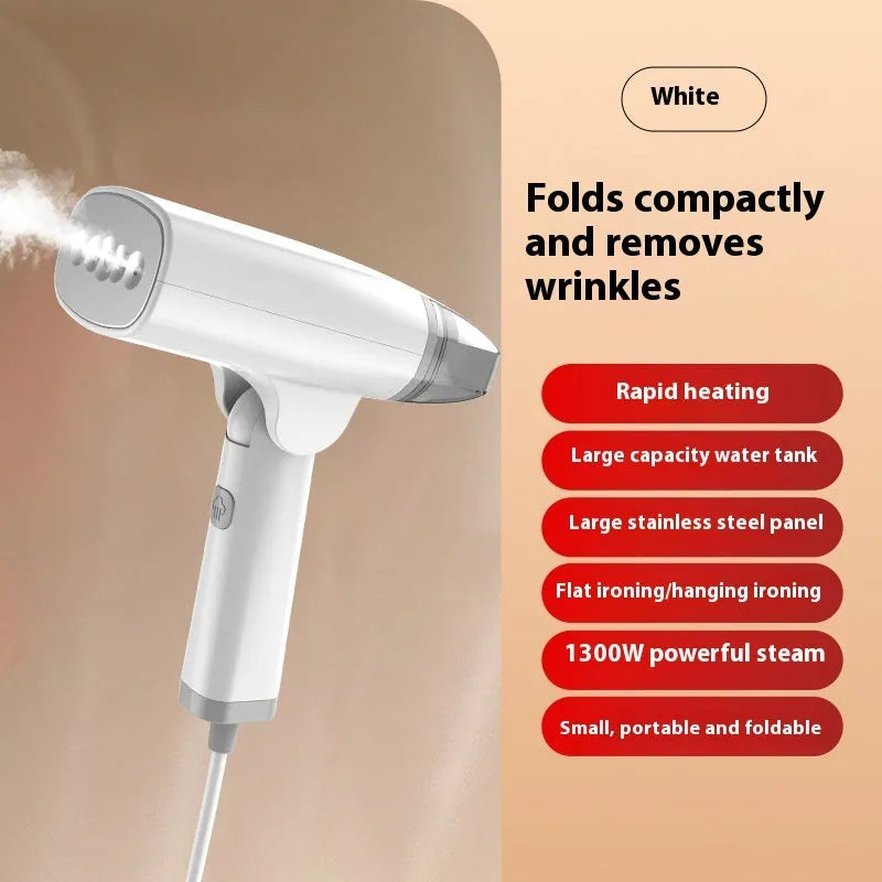 Blue and white handheld garment steamer with hanging function and 1300W power rating