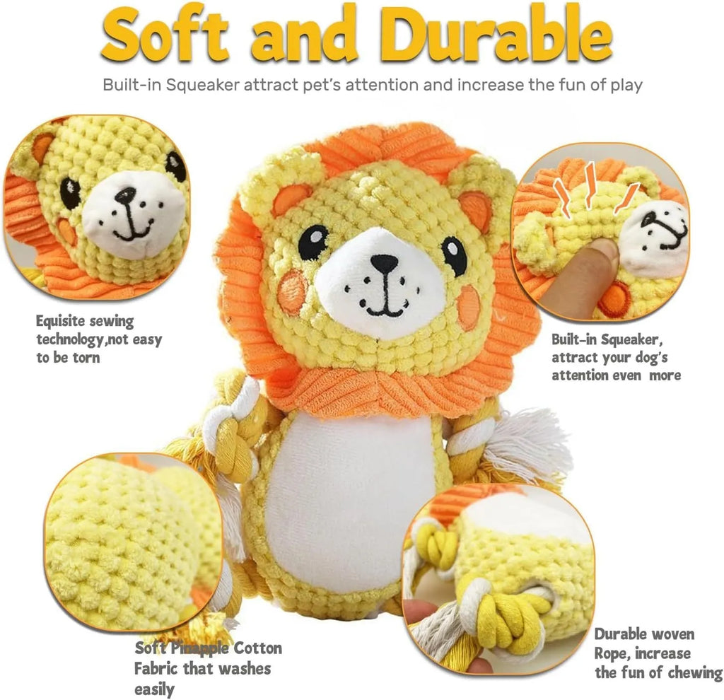 Monkey and lion plush squeaky dog toys bundle for medium and large breed dogs