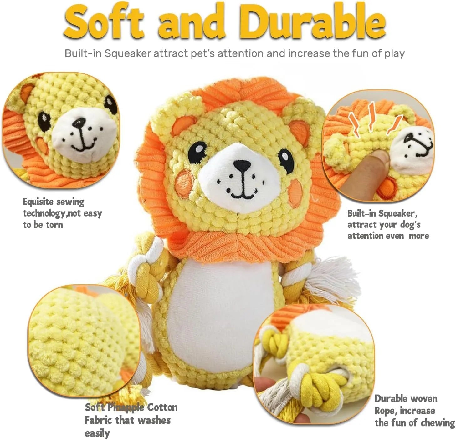 Monkey and lion plush squeaky dog toys bundle for medium and large breed dogs