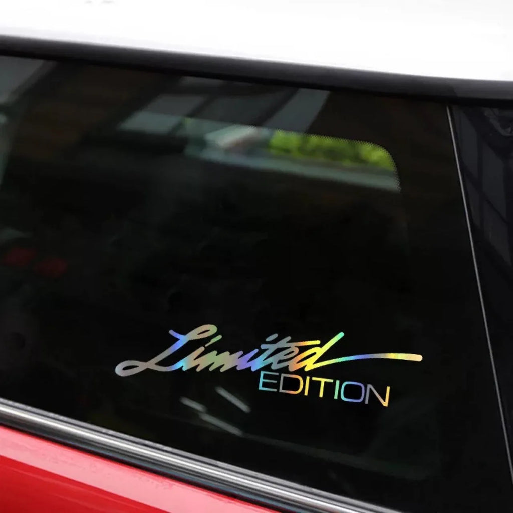 Black text laser reflective car sticker made from PET material for vehicle personalisation.