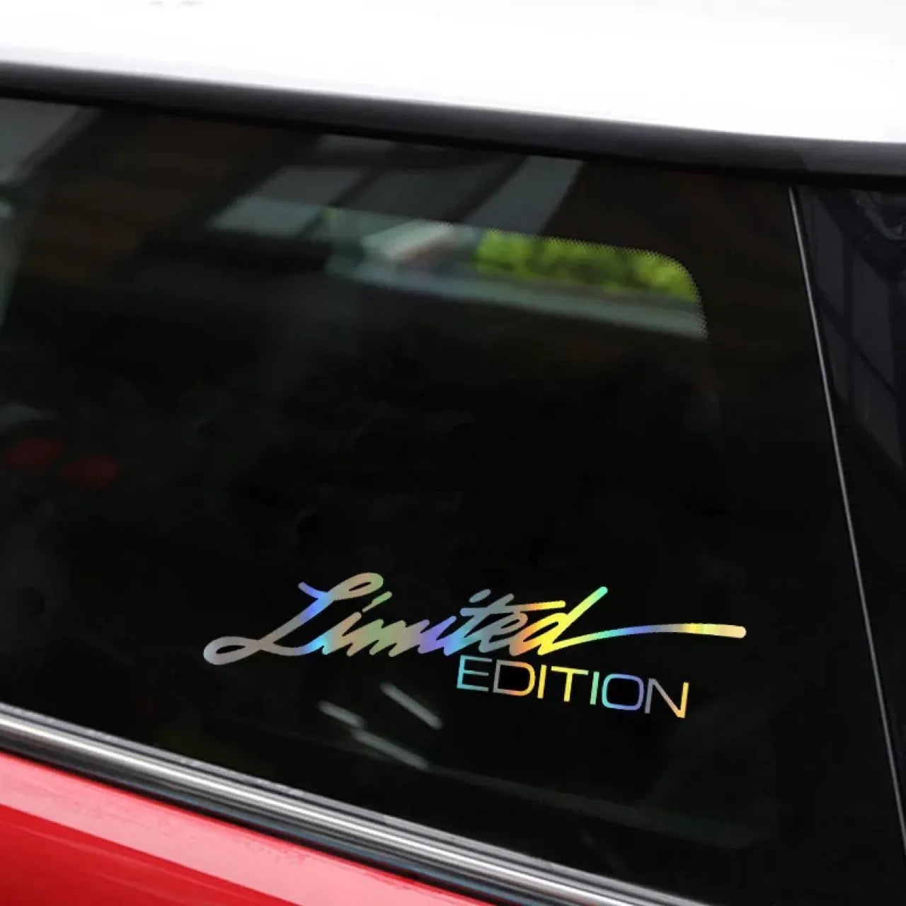 Black text laser reflective car sticker made from PET material for vehicle personalisation.