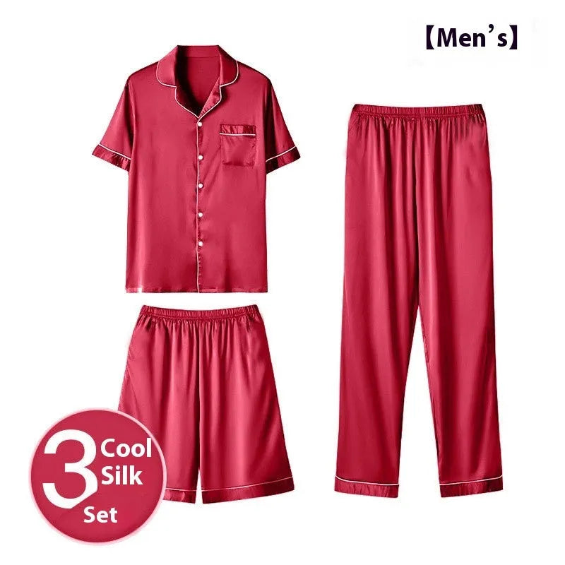 Men's ice silk three-piece home wear suit showing short sleeve top, shorts, and trousers laid flat.