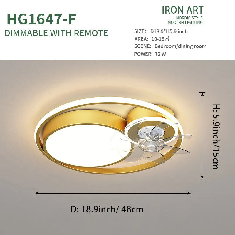 Nordic-style ceiling fan lamp with light, showing metal blades and acrylic shade in black finish.