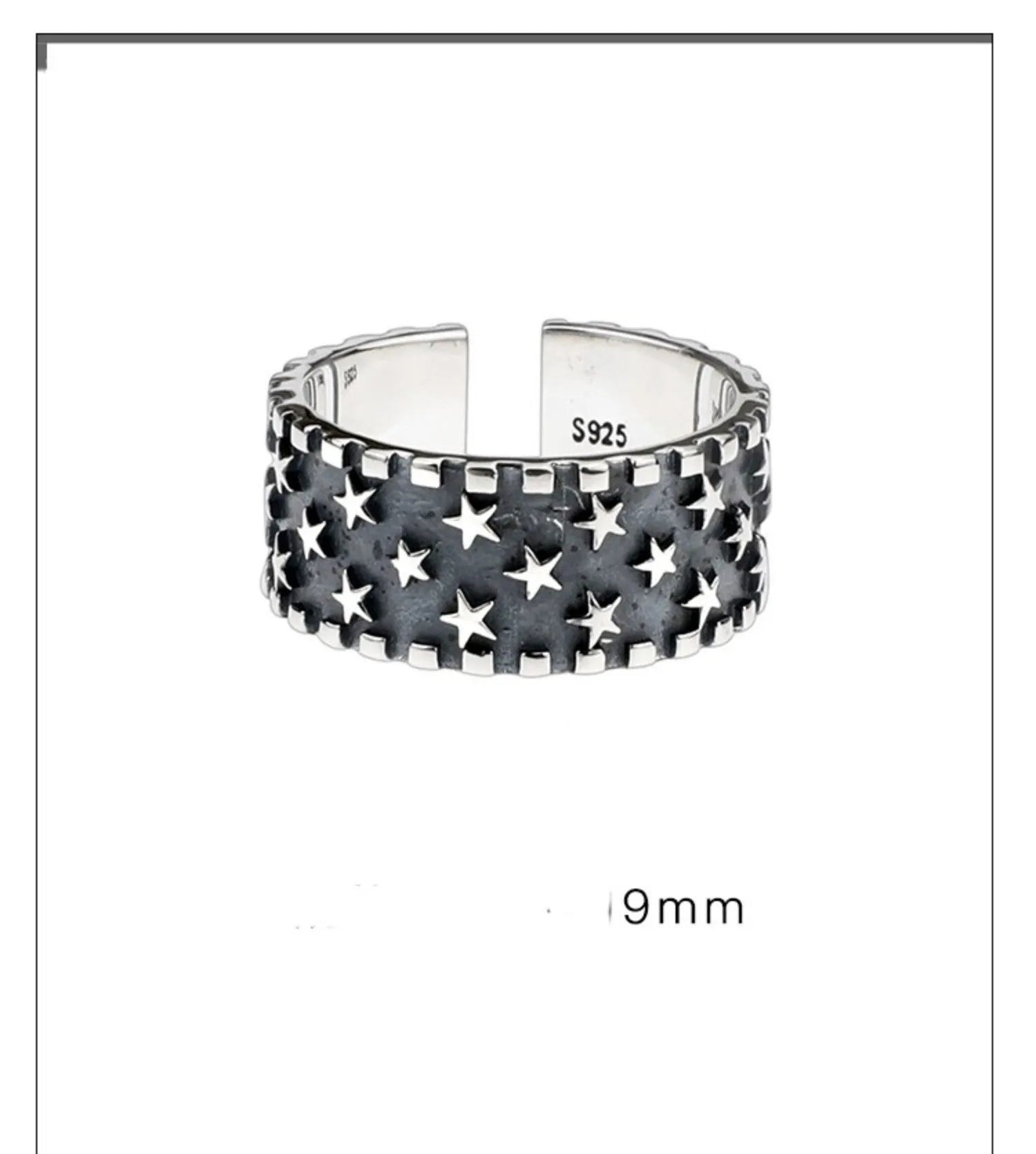 Adjustable silver ring with geometric five pointed star pattern on adjustable band