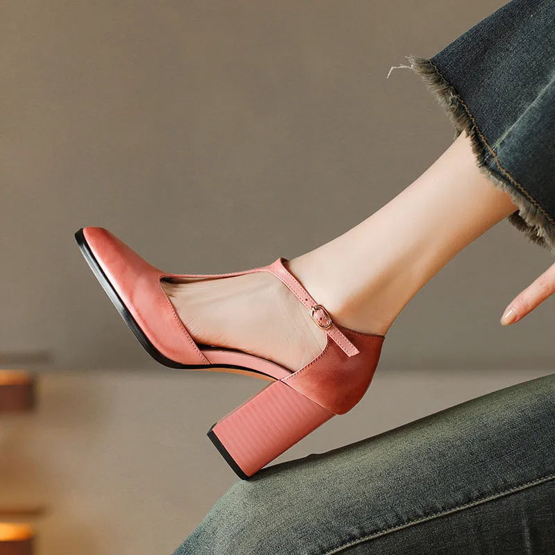 Women's retro pointed-toe Mary Jane shoes with a buckle, in pink or dark brown cowhide.