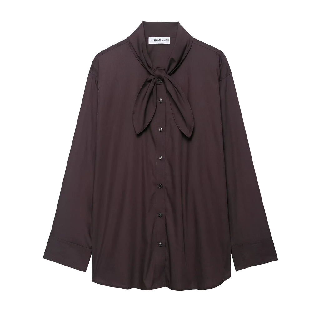 Brown women's poplin shirt with bow tie scarf, loose fit design