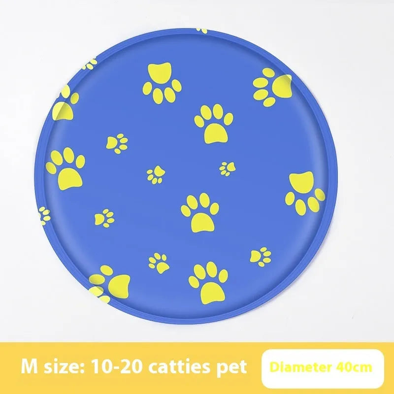 Round pet cooling mat with cartoon animal design showing blue polar bear pattern on cloth surface