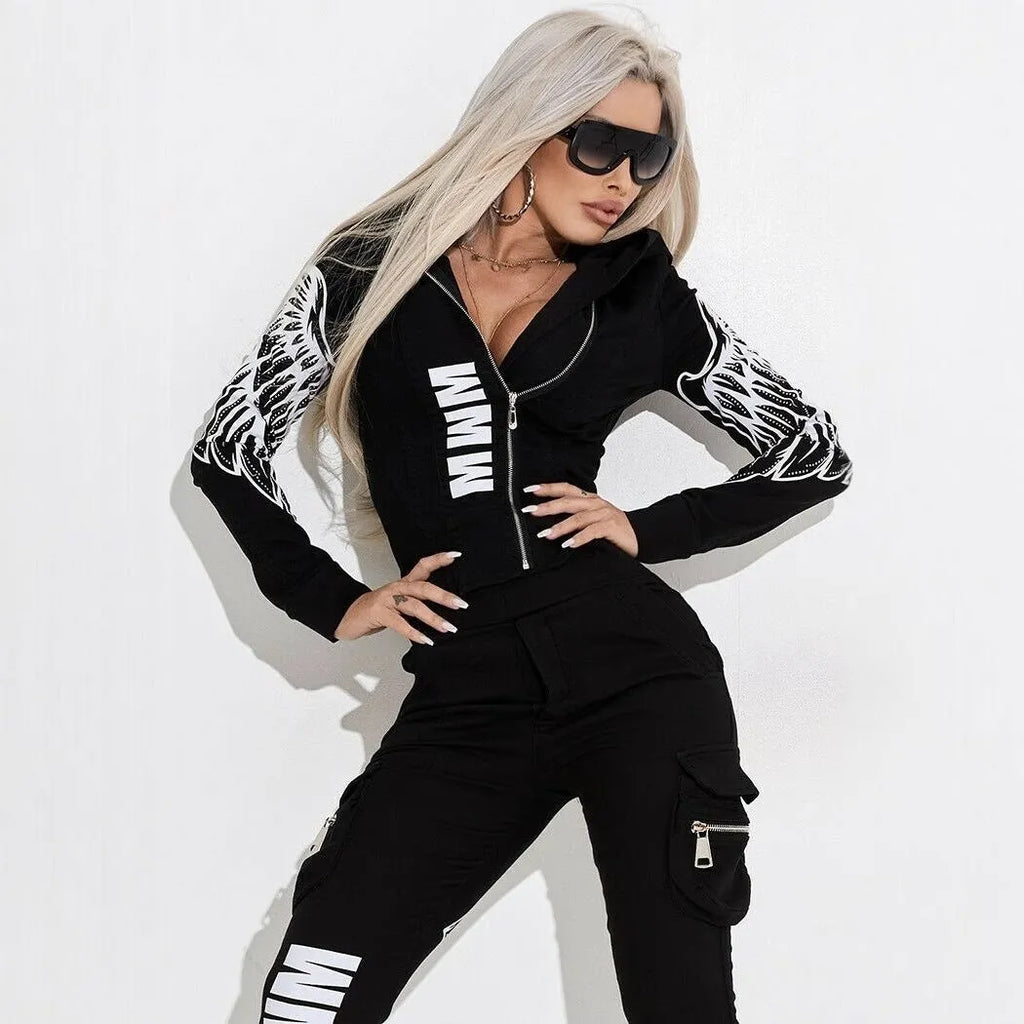 Women's black casual suit with wings printing, hooded zipper jacket and matching trousers