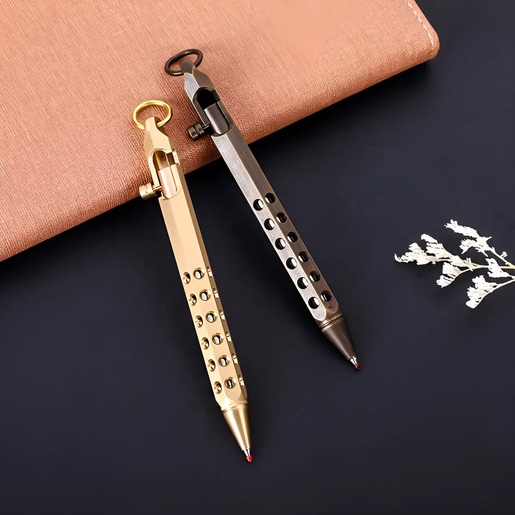 Brass hexagonal bolt rollerball pen with six-sided barrel and 0.5mm writing tip