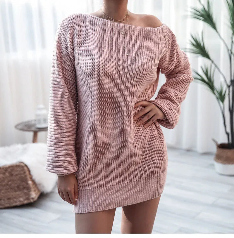 Women's off-the-shoulder knitted sweater dress with lantern sleeves in solid colour