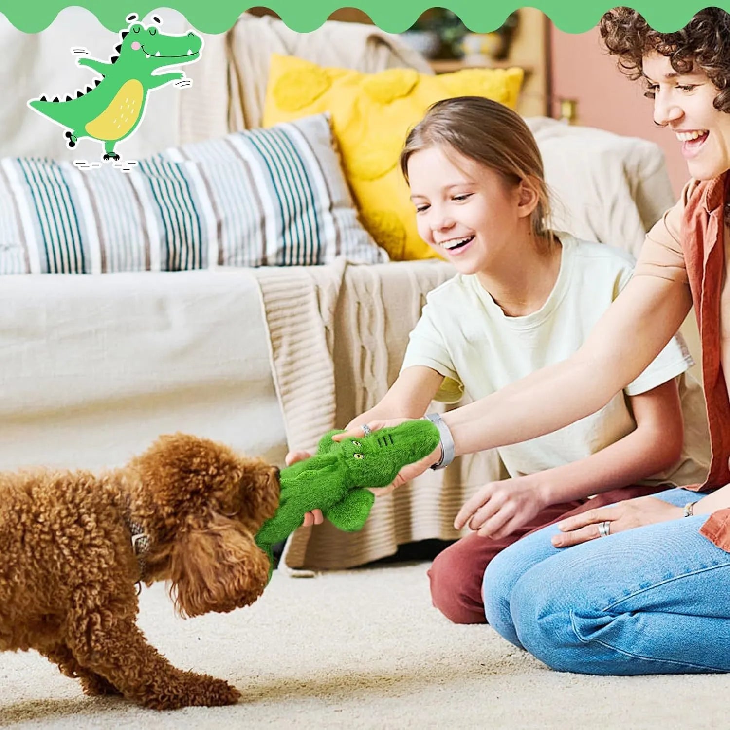 Green crocodile-shaped no-stuffing squeaky dog toy with crinkle paper tail
