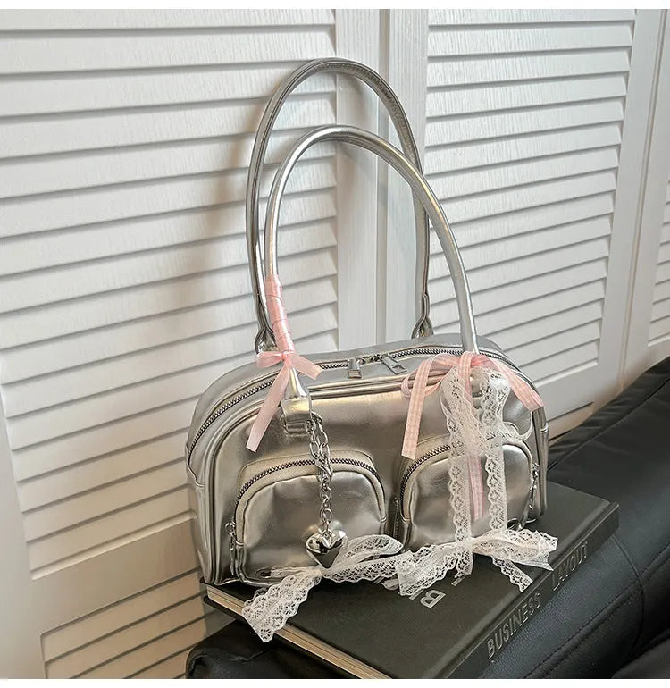 Horizontal square shoulder bag in soft PU with double straps and mobile phone pocket