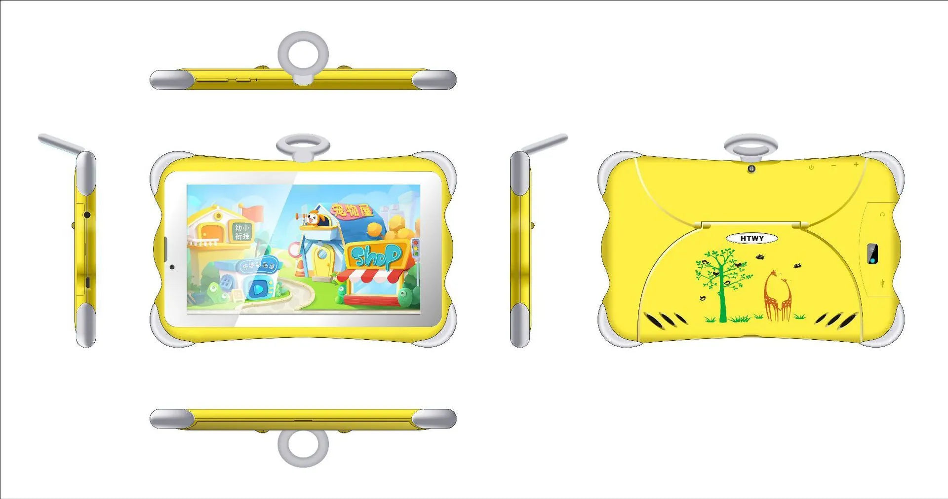 7-inch children's learning tablet with protective stand shown in cartoon blue colour displaying educational content