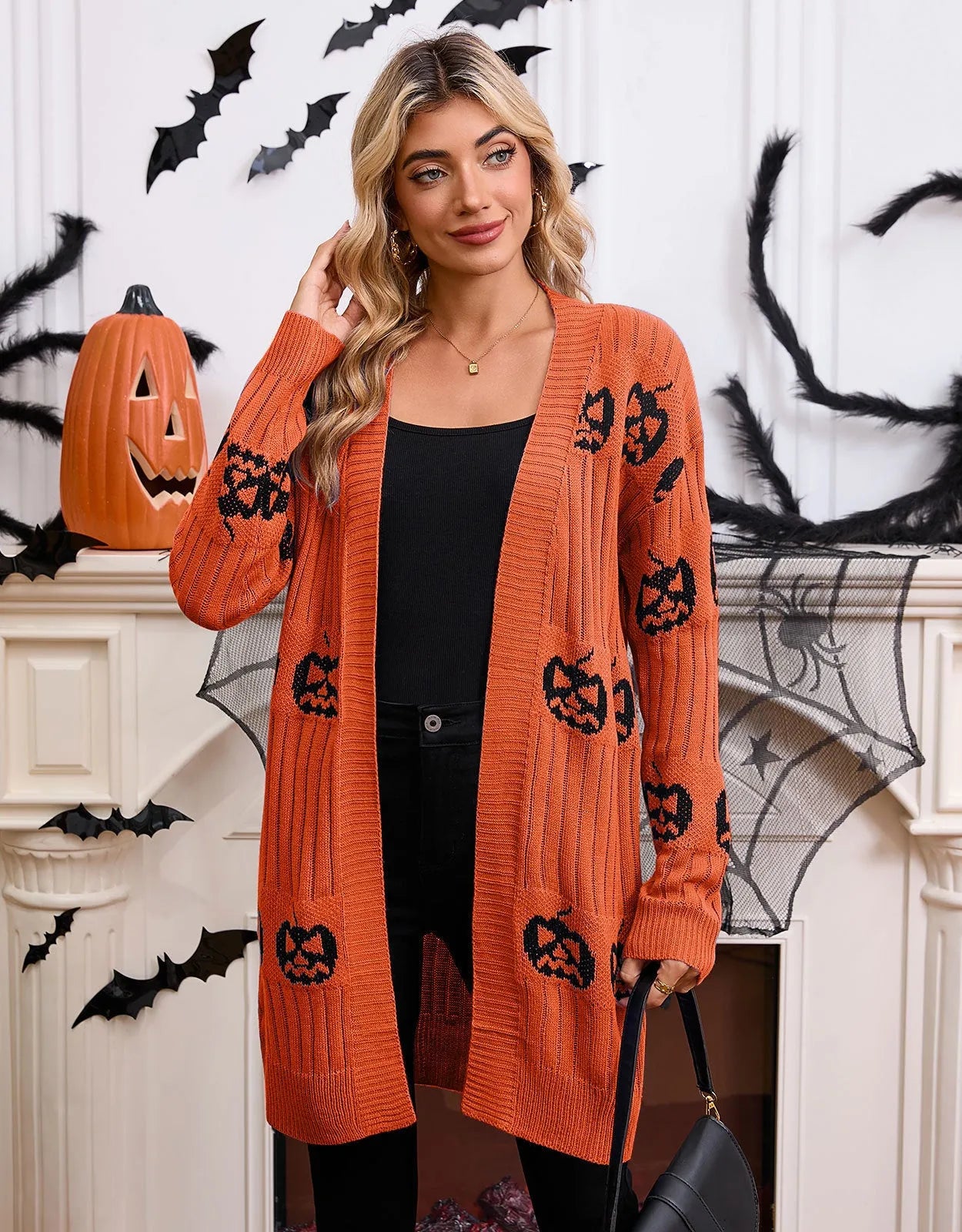 Women's black Halloween cardigan with jacquard pumpkin pattern, straight cut with regular sleeves