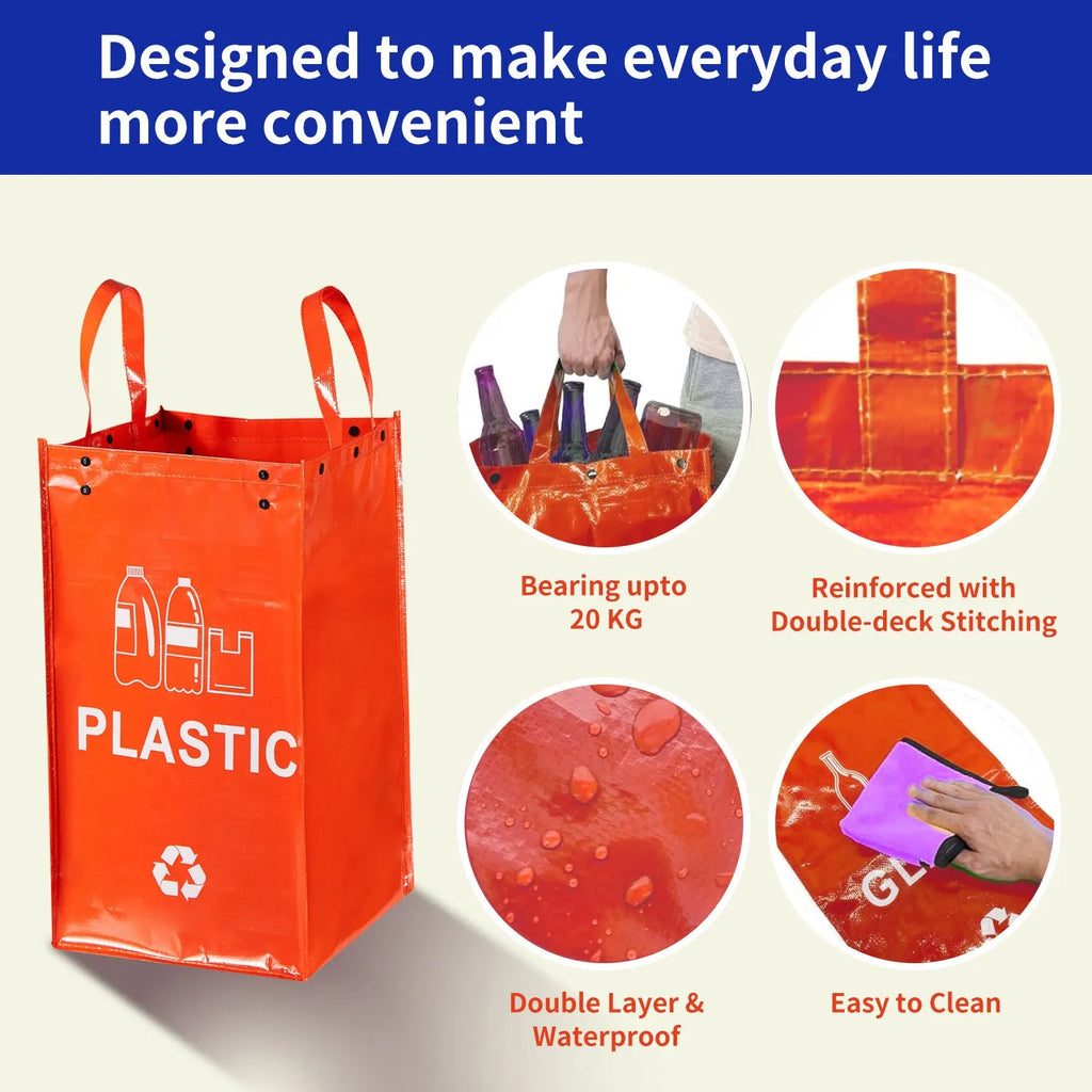 A blue 40-litre waterproof handbag-style rubbish bin made from PP plastic, shown beside furniture.