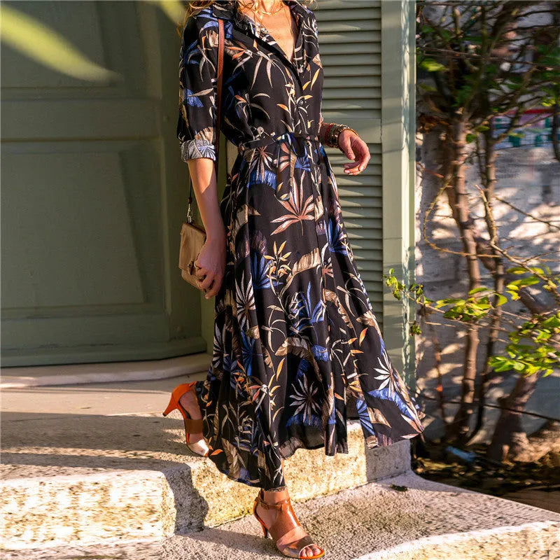 Women's vintage-inspired chiffon A-line dress with V-neck, high waist, and printed pattern.